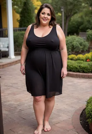 From behind, a full body photo of a full figure bbw brunette gilf, 60 years old, mature, thick, (very obese:1.5), (no bra, covered nipples), big smile, (captivating striking amber eyes:1.3), flirting with viewer, beautiful face, huge ass, ((wearing a sleeveless black loose dress)), walking, birthday party in her home patio in the USA suburbs, best quality, <lora:nobrav1_SDXL:.8>