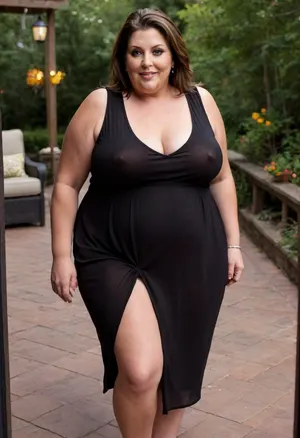 From behind, a full body photo of a full figure bbw brunette gilf, 60 years old, mature, thick, (very obese:1.5), (no bra, covered nipples), big smile, (captivating striking amber eyes:1.3), flirting with viewer, beautiful face, huge ass, ((wearing a sleeveless black loose dress)), walking, birthday party in her home patio in the USA suburbs, best quality, <lora:nobrav1_SDXL:.2>