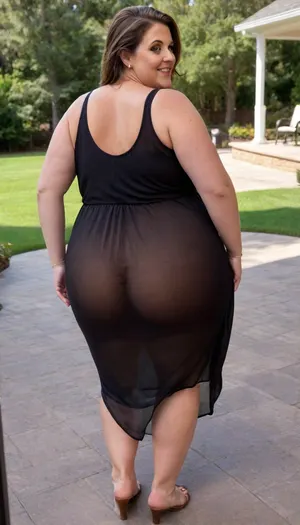side view From behind, a full body photo of a full figure bbw brunette gilf, 60 years old, mature, thick, (very obese:1.5), (no bra, covered nipples), big smile, (captivating striking amber eyes:1.3), flirting with viewer, beautiful face, huge ass, ((wearing a sleeveless black loose dress)), walking, birthday party in her home patio in the USA suburbs, best quality, sideboob, <lora:nobrav1_SDXL:.8>