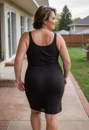 side view From behind, a full body photo of a full figure bbw brunette gilf, 60 years old, mature, thick, (mature:1.5), (no bra, covered nipples), big smile, (captivating striking amber eyes:1.3), flirting with viewer, beautiful face, huge ass, ((wearing a sleeveless black loose dress)), walking, birthday party in her home patio in the USA suburbs, best quality, sideboob, <lora:nobrav1_SDXL:1.3>