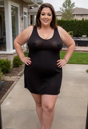 a full body photo of a full figure ssbbw brunette gilf, 60 years old, mature, thick, wide, hips, (obese:1.5), (mature:1.5), (no bra, covered nipples), big smile, (captivating striking amber eyes:1.3), flirting with viewer, beautiful face, huge, waist, ((wearing a sleeveless black loose minidress)), dancing, birthday party in her home patio in the USA suburbs, best quality, <lora:nobrav1_SDXL:.5>