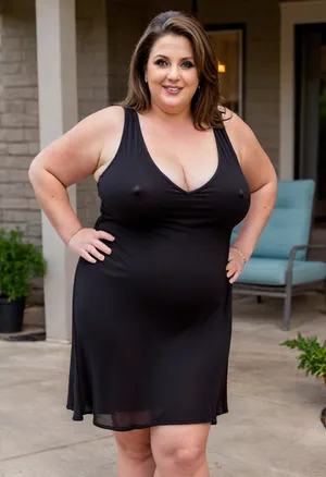 a full body photo of a full figure ssbbw brunette gilf, 60 years old, mature, thick, ((wide hips)), (obese:1.5), (mature:1.5), (no bra, covered nipples), big smile, (captivating striking amber eyes:1.3), flirting with viewer, beautiful face, huge, waist, ((wearing a sleeveless black loose minidress with plunging neckline)), dancing, birthday party in her home patio in the USA suburbs, best quality, <lora:nobrav1_SDXL:.5>