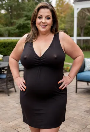 a full body photo of a full figure ssbbw brunette gilf, 60 years old, mature, thick, ((wide hips)), (obese:1.5), (mature:1.5), (no bra, covered nipples, very saggy), big smile, (captivating striking amber eyes:1.3), flirting with viewer, beautiful face, huge, waist, ((wearing a sleeveless black loose minidress, with plunging neckline)), dancing, birthday party in her home patio in the USA suburbs, best quality, <lora:nobrav1_SDXL:.5>