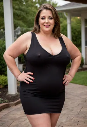 a full body photo of a full figure ssbbw gilf, 60 years old, mature, thick, ((wide hips)), (obese:1.5), (mature:1.5), (no bra, covered nipples, very saggy), big smile, (captivating striking amber eyes:1.3), flirting with viewer, beautiful face, huge, waist, ((wearing a sleeveless black loose minidress, with plunging neckline)), dancing, birthday party in her home patio in the USA suburbs, best quality, <lora:nobrav1_SDXL:.5>