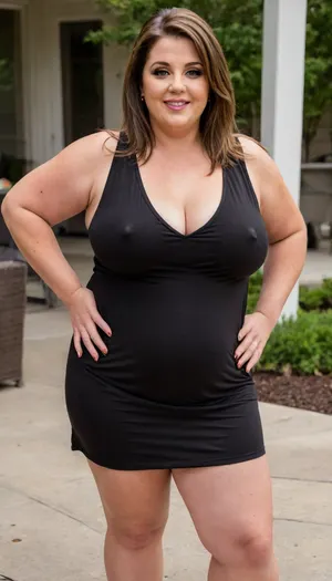 Group of full figure ssbbw gilf's, 60 years old, mature, thick, ((wide hips)), (obese:1.5), (mature:1.5), (no bra, covered nipples, very saggy), big smile, (captivating striking amber eyes:1.3), flirting with viewer, beautiful face, huge, waist, ((wearing a sleeveless black loose minidress, with plunging neckline)), birthday party in her home patio in the USA suburbs, best quality, <lora:nobrav1_SDXL:.5>
