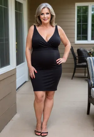 Two gilf's, a full body photo of two full figure ssbbw brunette gilf, s, 60 years old, mature, thick, big hips, (mature:1.5), (no bra, covered nipples), big smile, (captivating striking amber eyes:1.3), flirting with viewer, beautiful face, huge, waist, ((wearing a sleeveless black loose minidress)), plunging neckline, sagging cleavage, birthday party in her home patio in the USA suburbs, best quality