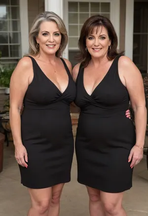 Two mature women, a full body photo of two full figure ssbbw brunette gilf, s, 60 years old, mature, thick, big hips, (mature:1.5), (no bra, covered nipples), big smile, (captivating striking amber eyes:1.3), flirting with viewer, beautiful face, huge, waist, ((wearing a sleeveless black loose minidress)), plunging neckline, sagging cleavage, birthday party in her home patio in the USA suburbs, best quality