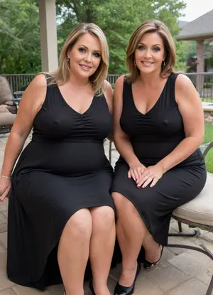 Two obese mature women, sitting, a full body photo of two full figure ssbbw gilfs, 60 years old, mature, thick, big hips, (mature:1.5), (no bra, covered nipples), big smile, (captivating striking amber eyes:1.3), flirting with viewer, beautiful face, huge, waist, ((wearing a sleeveless black loose minidress)), plunging neckline, sagging, birthday party in her home patio in the USA suburbs, best quality, no, bra, covered, nipples, <lora:nobrav1_SDXL:.8>