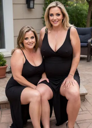 Two obese mature women, sitting, a full body photo of two full figure ssbbw gilfs, 60 years old, mature, thick, big hips, (mature:1.5), (no bra, covered nipples), big smile, (captivating striking amber eyes:1.3), flirting with viewer, (one breast out), beautiful face, huge, waist, ((wearing a sleeveless black loose minidress)), plunging neckline, sagging, birthday party in her home patio in the USA suburbs, best quality, no, bra, covered, nipples, <lora:nobrav1_SDXL:.8>