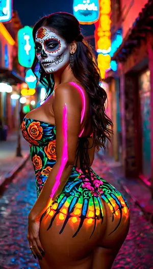 (View from back), a volouptous milf latina-descent goddess, ((dia de los muertos, Mexican beauty with skull face paints)), with, (detailed full body), massive bust, (neon bikini), clothed completely, detailed background, ((full body perfectly formed pose)), in, massive lips, (((thick curves))), (((full body))), smile, perfect eyes, (Looking at viewer), latina skin tone, detailed skin, cinematic, (((a street)), ((detailed nighttime background))), ((depth of field)), (((glowing luminous neon dress:1.5))), (symmetrical eyes), (detailed body), (detailed background), (detailed legs), (detailed fingers), <lora:add-detail-xl:2>, <lora:MJ52:.2>, ass, big, hips, narrow, waist, <lora:BodyLicious:.5>