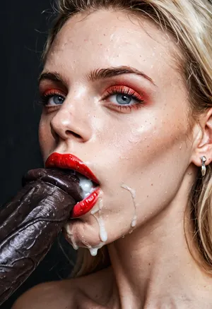 blonde 30 years old, Scandinavian, White pale skin, messy thick blonde hair, face and boobs in frame, (wide open mouth), big natural boobs, very detailed glossy and wet lips, ((red lipstick)), (((full lips))), leaning her head backwards, eyes showing the white, mouth full of cum, ((white cum in mouth)), high detail, photorealistic, beautiful realistic eyes and face details, realistic skin details, some little facefolds, dimples, blushed face, high cheekbones, (insanely thick gigantic throbbing cylindrically shaped veiny black penis:1.4), bulging chins