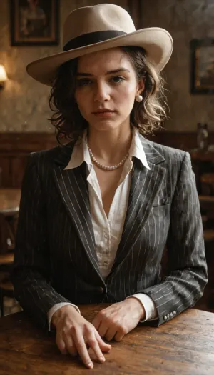 a 1920s female gangster, sitting confidently in a smoky speakeasy, wearing a pinstripe suit, fedora tilted low, pearl necklace, vintage revolver on the table, soft dramatic lighting, sepia tone, 1920s photography style, film grain, slight vignette, shallow depth of field, old film texture, timeless elegance, high detail, realistic, 35mm black and white photo look, art deco atmosphere, vintage portrait photography