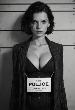 (front view), 1920s curvy female gangster mugshot, standing against a height chart, holding an ID placard, serious expression, bob haircut, pinstripe suit, open coat, cleavage, dramatic lighting, ((black and white 1920s police photograph, film grain, slight blur, soft focus, authentic 1920s texture, historical realism, medium format photo, old film look, subtle scratches, aged paper))