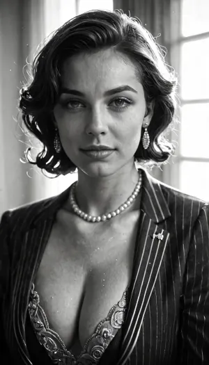 1920s female gangster portrait, elegant pose in an old photo studio, wearing a dark pinstripe suit, cleavage, elegant haircut, pearl necklace, calm expression, soft lighting, neutral backdrop, black and white vintage photograph, subtle film grain, shallow depth of field, old camera lens softness, realistic lighting, antique photo texture, 1920s realism, classic portrait composition, (sepia tone:.8), (film photography style:1.2), (vintage realism:1.1)