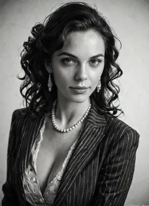 1920s female gangster portrait, elegant pose in an old photo studio, wearing a dark pinstripe suit, open suit jacket, cleavage, elegant haircut, pearl necklace, calm expression, soft lighting, neutral backdrop, black and white vintage photograph, subtle film grain, shallow depth of field, old camera lens softness, realistic lighting, antique photo texture, 1920s realism, classic portrait composition, (sepia tone:.8), (film photography style:1.2), (vintage realism:1.1)