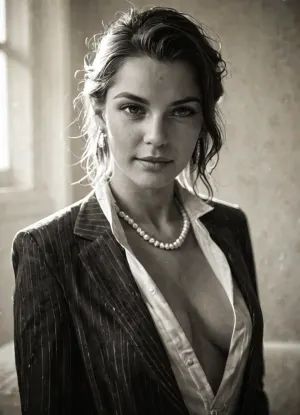 1920s female gangster portrait, elegant pose in an old photo studio, wearing a dark pinstripe suit dress, open suit jacket, no shirt, breasts exposed, elegant haircut, pearl necklace, calm expression, soft lighting, neutral backdrop, black and white vintage photograph, subtle film grain, shallow depth of field, old camera lens softness, realistic lighting, antique photo texture, 1920s realism, classic portrait composition, (sepia tone:.8), (film photography style:1.2), (vintage realism:1.1)