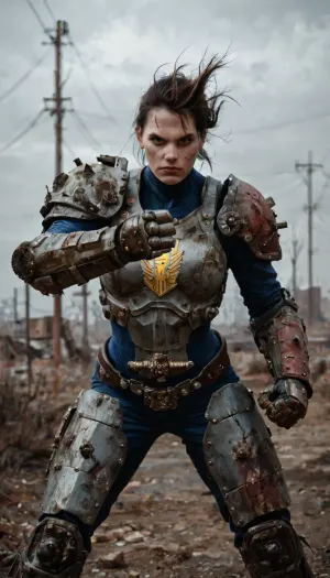 (female post apocalyptic raider in power armor), fallout, fallout game, view from front, solo woman, scarred face, scars, (power armor), wasteland, realistic, highly detailed, high detail hair, thunder storm, dark, action pose, low resolution photo, taken with an early 2000s camera phone, harsh flash, digital noise, compression artifacts, washed-out colors, handheld snapshot, poor lighting, realistic mobile photo aesthetic, (grainy photo:1.2), (mobile photo aesthetic:1)