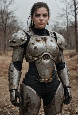 (female post apocalyptic raider in power armor), fallout, fallout game, view from front, solo woman, beautiful scarred face, scars, (power armor:1.3), armor decorated with skulls and scrap metal, wasteland, realistic, highly detailed, high detail hair, action pose, low resolution photo, taken with an early 2000s camera phone, harsh flash, digital noise, compression artifacts, washed-out colors, handheld snapshot, poor lighting, realistic mobile photo aesthetic, (grainy photo:1.2), (mobile photo aesthetic:1)