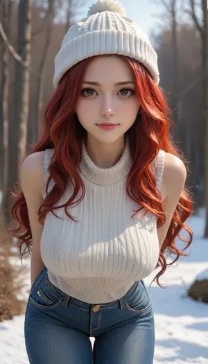 1girl, solo, very long hair, red hair, curly hair, standing, brown eyes, closed mouth, expressionless, smile, looking at viewer, day, sunlight, (large breasts), big hips, BREAK, sleeveless sweater, ribbed sweater, cowboy shot, leaning forward, arms behind back, winter, ski resort, white hat, jeans