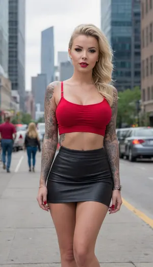 (Amazingly beautifull blonde Christy mack:1.5), perfect jawline, perfect detailed pretty face, beautifull lustfull face, full portrait, walking through skyline city, (wearing tight mini skirt with red elegant unbuttoned blouse clenched big breasts:1), long frizzy hair, (alluring happy Smile:1)