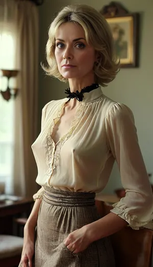 1970's housewife, 47 years old, slender, long neck, tall long legs, blond bob, high bouffant hairstyle, black roots showing on her scalp, braless wearing a blouse, aline skirt, heals, <lora:MJ52:.8>, <lora:bralessSDXL_v1_00022:.8>