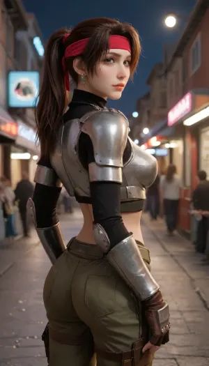 (Masterpice), (HD4K visual), (detailed background), 4K ultra-detailed image, HDR, enhancement, professional photography, precise anatomy, (perfect symmetry, 5 fingers per hand), realistic textures, maximum resolution, sharp focus, NSFW, picture, Jessie Rasberry from Final Fantasy VII with brown hair in a ponytail, a red headband, athletic body, chest armor from the game Final Fantasy VII, green baggy combat pants, metal boots, happy expression, looking back at viewer, mooning, bare ass visible, in a alleyway, at night, neon shop signs lighting, close up, from behind shot, incase, style, ratatatat74, ff7, jessie, facial, expression, <lora:287175_training_data:1.4>, <lora:ratatatat74-000050:1.4>, <lora:ff7 jessie:1.4>, <lora:Expressions XL:1.4>, <lora:mooningv2_SDXL:1.4>