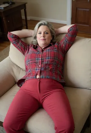 High angle shot, Housewife, married woman, A ssbbw fifty-year-old mature woman, ((wearing red plaid shirt, pants)), unbuttoned shirt, mature, female, milf, motherly, in her living room laying on the couch, legs up, depth of field, full body portrait