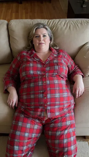 High angle shot, Housewife, married woman, A ssbbw fifty-year-old mature woman, obese, ((wearing red plaid pajamas, pajama pants)), open shirt, mature, female, milf, motherly, in her living room laying on the couch, legs up, depth of field, full body portrait