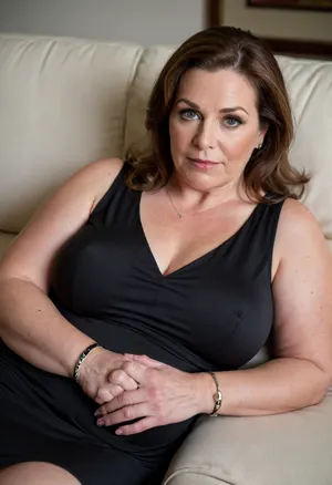 High angle shot, mature Housewife, married woman, (captivating light eyes), A ssbbw fifty-year-old mature woman, ((wearing black sleeveless dress)), (covered erect nipples), mature, female, milf, motherly, in her living room laying on the couch, depth of field, full body portrait, ((she is wearing a wedding ring on her left hand ring finger))