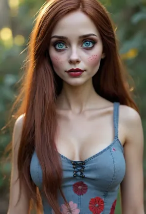Beautiful college girl dressed as Sexy realistic version of Sally from the nightmare before Christmas Here's a detailed physical description of how she might appear in a live-action or hyper-realistic style, Realistic Sally – Physical Description
Age Appearance, Mid-20s, (though ageless, being a patchwork creation), Skin, Her skin is pale with a faint bluish-gray tint, like aged porcelain or faded fabric. It's uneven in tone—stitched together from mismatched patches of different textures and hues. You can see the subtle lines and seams where various pieces of skin, (some slightly darker or smoother), have been sewn together. The stitching is thick, black thread—like old surgical sutures—visible on her arms, legs, neck, and face. Some stitches are tight and neat, others slightly frayed or puckered with age.

Face, Sally’s face is hauntingly beautiful but unnerving. Her eyes are large and expressive, with a glassy, slightly sunken look. Her sclera, (whites of the eyes), might have a faint yellowish or gray tinge, showing wear. Her lips are full but dry, with cracked edges and a naturally red-berry color. There's a long stitch line running across one side of her cheek or over her jaw—done carefully, but clearly visible.

Hair, She has long, straight, deep auburn hair—thick strands, almost yarn-like, but realistic. It's unkempt but beautiful, like a mane of faded silk or thread, often falling over her shoulders in heavy locks. The hair might look slightly too vibrant in contrast to her muted complexion, adding to her uncanny presence.

Body, Sally is slender, with an almost frail, willowy frame. Her movements are delicate but slightly stiff or uneven—she walks with a soft, ghostly grace, but you can tell she was stitched together rather than born whole. Her limbs are long, but not unnaturally so—more like someone recovering from a long illness. The visible seams at her shoulders, elbows, and knees hint at her being pieced together from various human, (or doll-like), parts.

Clothing, She wears a tattered, homespun patchwork dress, made from mismatched fabrics—some floral, some striped, some torn lace. In a realistic rendering, the colors would be muted and worn—faded reds, pale blues, dusty yellows—stitched together with care but clearly handmade. The dress is slightly oversized, hanging loosely from her shoulders, fraying at the edges, with obvious repair work done by her own hand.

Hands and Feet, Her hands are thin and slightly disproportionate—long fingers with uneven nails, some chipped or darkened, giving the sense of both delicacy and decay. Her feet are often bare, dirty from wandering the graveyard or forest, and stitched at the ankles or across the soles.

., but, <lora:BUT_SDXL_SHS:.8>