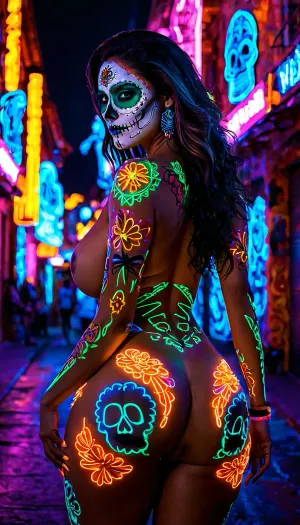 (((View from back))), thick ass, a volouptous milf latina-descent goddess, ((dia de los muertos, Mexican beauty with skull face paints)), with, (((detailed full nude naked body))), massive bust, (neon bodypaint), detailed background, ((full body perfectly formed pose)), in, massive lips, (((thick curves))), (((full body))), smile, perfect eyes, (Looking at viewer), latina skin tone, detailed skin, cinematic, (((a street)), ((detailed nighttime background))), ((depth of field)), (((glowing luminous neon lights:1.5))), (symmetrical eyes), (detailed body), (detailed background), (detailed legs), (detailed fingers), <lora:add-detail-xl:2>, <lora:MJ52:.2>, ass, big, hips, narrow, waist, <lora:BodyLicious:.5>, PENeonUV, blacklight, neon, <lora:PE_NeonUV Style:.8>, look, at, my, prompts, <lora:SDXL_Sevenof9_7th_NSFW:.8>