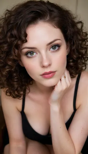 ziprealism, (bashful woman, shy, adorable pose, coy, sparkling eyes, angular facial features:1.2), (sitting, shoulders forward, cleavage:1.6), (warm natural lighting, shallow depth of field, strong saturation, vintage analog lens, Dutch Angle:1.2), (goosebumps, vellus hairs, perfect eyes:.4), (glossy black hair, curly hair, tight ringlets, short hair, voluminous hair, pale skin:1.8), (natural skin texture, maximum quality skin texture, RAW photography, uncompressed), (cozy bedroom, large comfortable bed)