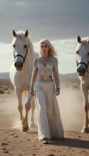 A cinematic fantasy scene of a mysterious silver-haired woman walking beside a white horse across a vast sunlit desert plain. Her long, wavy hair flows in the wind, and she wears layered silver jewelry that glimmers in the pale light — ornate necklaces, bracelets, and a jeweled belt. Her dark, elegant clothing contrasts with her luminous hair and the soft, muted tones of the landscape. Dust swirls around her feet as she walks with regal confidence, the horse calmly following by her side. The camera pans slowly, capturing the shimmer of metal and fabric, with soft golden lighting and an epic, ethereal atmosphere. High detail, 4K cinematic fantasy aesthetic.