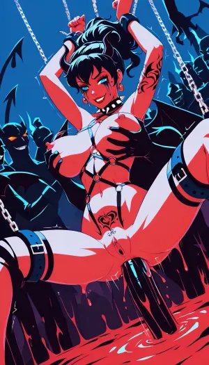 Flat colors, (dutch angle:1.5), source_anime, 99's anime style, in hell, (human female is bouncing on dick), huge dick, anal penetration, motion blur, short black hair, skinny body, massive fit hips, narrow waist, big breasts, hairy pussy, blue eyes, trembling, smirk, arms restrained up, hanging in air, legs restrained up, restrained by chains, thick spiked collar, big erected clitoris, latex stocking, chain harness, (tattoos:1.4), heavy makeup, red lipstick, hellfire on background, fire, crowd of demons, many demon hands, demonic hands is groping her breasts, (demonic hands is groping her hips, demonic hands is pulling her hair up), ratatatat74, lineart, line, art, flat, colors, color, manyhand, handgoo, (many, hands, caress, a, woman's, body:1.3), j_cartoon, <lora:ratatatat74-000050:.8>, <lora:lineartSDXL:.8>, <lora:moreshou_XL_0_-000005:.8>, <lora:J_cartoon:.8>