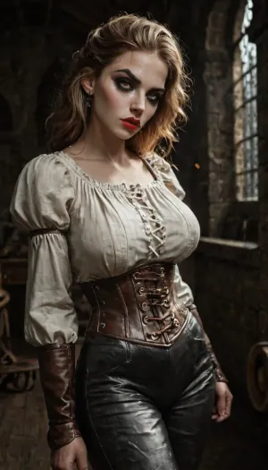 Beautiful strong fit medieval woman, (light brown hair, slicked), high cheek bones oval face, full lips, pale red lips, (Pale skin:1.3), (bright hazel eyes, dark eyeliner and smokey eye shadow), pubic hair, (defiant look), (Wearing detailed medieval white shirt, light low rise leather pants reinforced with detailed armor and heavy leather boots), (serious body language and facial expression), (dark gothic castle interior), (night:1), detailed face, detailed hair, detailed body, detailed skin, detailed large breasts, detailed pussy, random view angle, action pose, <lora:dark:1>