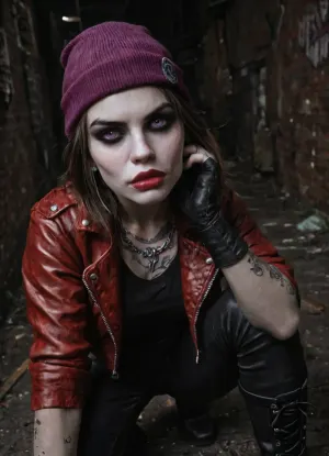 Beautiful strong fit woman, (dark brown hair, loose), high cheek bones oval face, full lips, dark red lips, (Pale skin:1.6), (bright hazel eyes, dark eyeliner and smokey eye shadow), defiant look, (Wearing detailed red biker jacket, black tight low rise leather pants and black steel toed heavy combat boots), (Also wearing a purple beanie and black fingerless gloves:1.3), (heavy silver chain necklace), (anarchy tattoos), ready to brawl, (aggressive body language), (in dark alley), (night), detailed face, detailed hair, detailed body, detailed skin, detailed breasts, detailed pussy, random view angle, action pose, low resolution photo, taken with an early 2000s camera phone, harsh flash, digital noise, compression artifacts, washed-out colors, handheld snapshot, poor lighting, realistic mobile photo aesthetic, (grainy photo:1.2), (mobile photo aesthetic:1), <lora:dark:1>