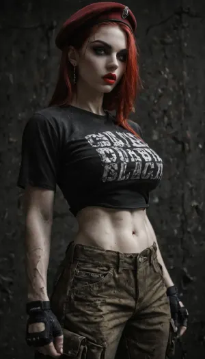 Beautiful strong muscular fit woman, (straight red hair, shoulder length), angular and sharp featured face, full red lips, (Pale skin:1.4), (bright grey eyes, dark eyeliner and eye shadow), (Wearing detailed white t-shirt, dark olive low riding baggy cargo pants and black steel toed heavy combat boots, Also wearing a dark olive beret, and black fingerless gloves), midriff, underboob, (in dark dirty bar), detailed face, detailed hair, detailed body, detailed skin, detailed breasts, detailed pussy, random view angle, action pose, low resolution photo, taken with an early 2000s camera phone, harsh flash, digital noise, compression artifacts, washed-out colors, handheld snapshot, poor lighting, realistic mobile photo aesthetic, (grainy photo:1.2), (mobile photo aesthetic:1), <lora:dark:1>