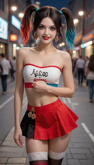 Princess Jasmine dressed as Harley Quinn and carrying a chainsaw. Two tails of black hair, bright makeup, big beautiful eyes, red lips, an open smile. A strapless top in two colors. The mini skirt is two-tone. Stockings of different colors. In the hands of a chainsaw. Night, a street decorated for Halloween. A masterpiece of the highest quality, the work of a real master, ultra-realistic, super detailed