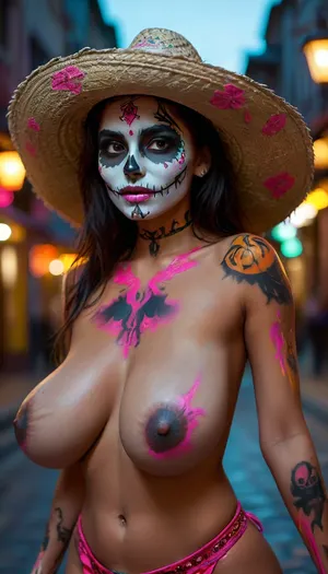 (View from front), a volouptous milf latina-descent goddess, ((dia de los muertos, Mexican beauty with skull face paints)), with, (detailed full body), massive bust, ((puffy nipples)), clothed completely, detailed background, ((full body perfectly formed pose)), in, massive lips, (((sombrero))), (((full body))), smile, perfect eyes, (Looking at viewer), latina skin tone, detailed skin, cinematic, (((a street)), ((detailed nighttime background))), ((depth of field)), (((glowing luminous neon bodypaint:1.5))), (symmetrical eyes), (detailed body), (detailed background), (detailed legs), (detailed fingers), <lora:add-detail-xl:2>, huge, massive, <lora:SDXL_MassiveCowsLoRA_v1:.8>, <lora:MJ52:.2>, breasts, cutout, clothing, <lora:2BoutOvalSDXL2-000002:.8>, puffy, nipples, dark, ghost, wide, <lora:Nipples XL:.8>