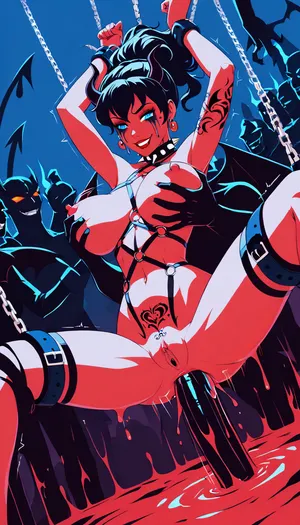 Flat colors, (dutch angle:1.5), source_anime, 99's anime style, in hell, (human female is bouncing on dick), huge dick, anal penetration, motion blur, short black hair, skinny body, massive fit hips, narrow waist, big breasts, hairy pussy, blue eyes, trembling, smirk, arms restrained up, hanging in air, legs restrained up, restrained by chains, thick spiked collar, big erected clitoris, latex stocking, chain harness, (tattoos:1.4), heavy makeup, red lipstick, hellfire on background, fire, crowd of demons, many demon hands, demonic hands is groping her breasts, (demonic hands is groping her hips, demonic hands is pulling her hair up), ratatatat74, lineart, line, art, flat, colors, color, manyhand, handgoo, (many, hands, caress, a, woman's, body:1.3), j_cartoon, <lora:ratatatat74-000050:.8>, <lora:lineartSDXL:.8>, <lora:moreshou_XL_0_-000005:.8>, <lora:J_cartoon:.8>
