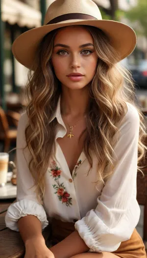 Outdoor cafe in Paris, Beautiful, 26 year old brazilian supermodel, 1.76 meters tall, sitting crosslegged at a cafe table, (dark tan:1.3), bronze skin, (super long blonde wavy hair with brown highlights:1.4), detailed brown eyes, (professional make up job, eyeliner, blush, mascara), long eyelashes, (high cheek bones:1.4), perfect nose, (full pouty lips:1.2), ((White Wide Brim Flat Panama Hat Feather Bowknot Wool Fedora Hat)), (((Tailored Pantsuit With Floral Lapel Detail:1.3))), firm 34c cup breasts, tight small ass, long shapely legs, long feminine arms, shaved pussy, smooth skin, pefect eyes, perfect teeth, painted fingernails, perfectly proportioned, highly detailed body and face, sitting having some morning coffee, sunny morning, several people in the scene, highly detailed background, supermodel, face, big, lips, <lora:MJ52:2>, <lora:Beautify-Supermodel-SDXL:2>