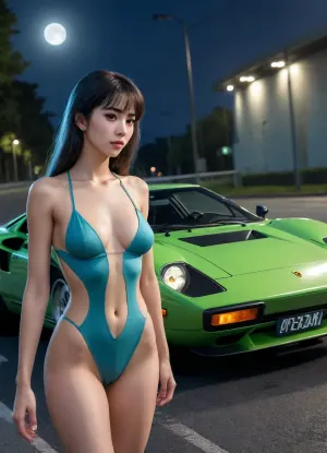 score_9, score_8_up, score_7_up, woman posing near police Lamborghini miura, (A detailed anime drawing with clean lines and meticulous shading, flat colors, line art, no gradients, blue and green palette), realistic anatomy, Autobahn, night, moon, detailed face, (Jean, Giraud)