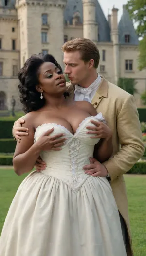 A black very mature woman, ((proud woman)), from the Rococo period wears a dress that exposes her huge breasts, her breasts are visible, her nipples are visible, in the castle park in front of a young white man who has taken out his penis and is sucking on her nipples.Passion.