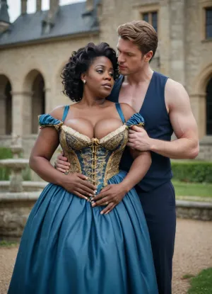 A black mature woman, ((proud woman)), from the Rococo period wears a dress that exposes her huge breasts, her breasts are visible, her nipples are visible, in the castle park in front of a young white man who has taken out his penis and is sucking on her nipples.