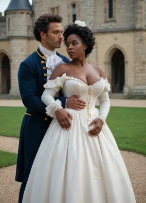A black mature woman, ((proud woman)), from the Rococo period wears a dress that exposes her enormous breasts, her breasts are visible, her nipples are visible, in the castle park in front of a young white man who has taken out his penis and is sucking her milk from her nipples.