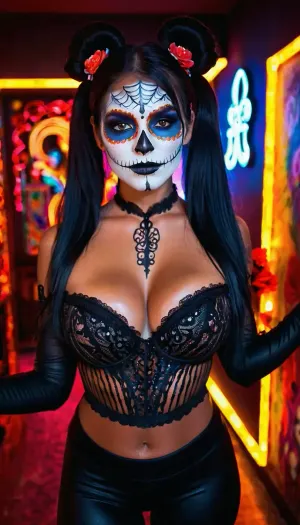 masterpiece, best quality, ultra high res, ultra detailed face, ultra detailed body, ((day of death face painting makeup)), 8k, beautiful, visually stunning, elegant, incredible details, award-winning painting, (dark art:1.1), deep shadow, (dark theme:1.2), n3on, full body, relaxed pose, large breasts, wide hips, lingerie, glowing, (leggings:1.3), long hair, twintails, babe, egirl, neon, lights, psychedelic, art, neon_outlines