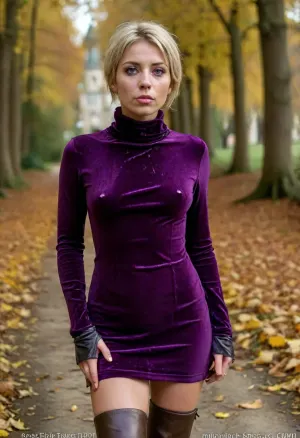 (masterpiece, best quality:1.2), 1 czech mid age woman, (1 woman in dark purple velvet minidress, leather boots:1.4), short dyed blonde pixie hair, green eyes, outdoors, in sunny cold autumn bohemian castle park, she goes for a walk, (her face is covered with cum, cum on her chest, cum on clothes, cum threads drip from chin:1.4), facial, cum, on, face, breasts, stomach, covered, in, perfect, photorealism, braless, Wearing, clothes, that, make, sense, with, Braless>, <lora:style_lora_realis:.5>, <lora:bralessSDXL_v1_00022:.5>, <lora:Facials:.6>