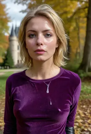 (masterpiece, best quality:1.2), 1 czech mid age woman, (1 woman in dark purple baggy velvet crew neck shirt, leather pants:1.4), short dyed blonde hair with side parting, green eyes, outdoors, in sunny cold autumn bohemian castle park, she goes for a walk, (her face is covered with cum, cum on her chest, cum on clothes, cum threads drip from chin:1.4), facial, cum, on, face, breasts, stomach, covered, in, perfect, photorealism, braless, Wearing, clothes, that, make, sense, with, Braless>, <lora:style_lora_realis:.5>, <lora:bralessSDXL_v1_00022:.5>, <lora:Facials:.5>