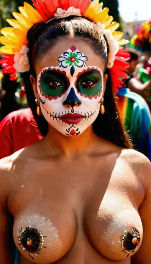 (best quality), (masterpiece, realistic, photo-realistic:1.1), (((War paint, Mexican day of death war paint, Mexican face paint))), ((Mexican carnival street with many many carnival peoples in background)), (((dark skinned mulatto naked girl age 18, naked))), brunette hair, long hair, amazing hair, mulatto face, face is realistic, bright olive eyes, ultra-detailed, professional photography, photo-realism, skin is high quality, gigantic knockers, very large tits, voluptuous figure, cute tall, pretty face, realistic, huge areola, attractive hot woman with hot bust, aerial view, boobs focus