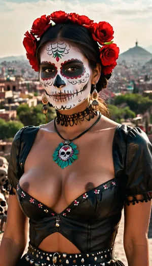 full portrait of mexican woman, 20 years old, cheeky smile, ((high detailed skin)), ((day of death skull full face paint)), high quality, detailed dark pale skin texture, (highly detailed brunette hair), ((skinny body)), ((slim body)), (realistic), soft focus, insanely detailed, highest quality, ((wearing leather mexican folk dress)), (wide hips), choker on neck, messy shaggy Bob haircut, large breasts, (underboob:1.3), dyed hair, The day of death in mexico city in background